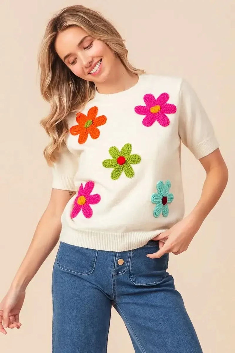 BiBi Crochet Flower Patch Sweater Top - SwagglyLife Home & Fashion